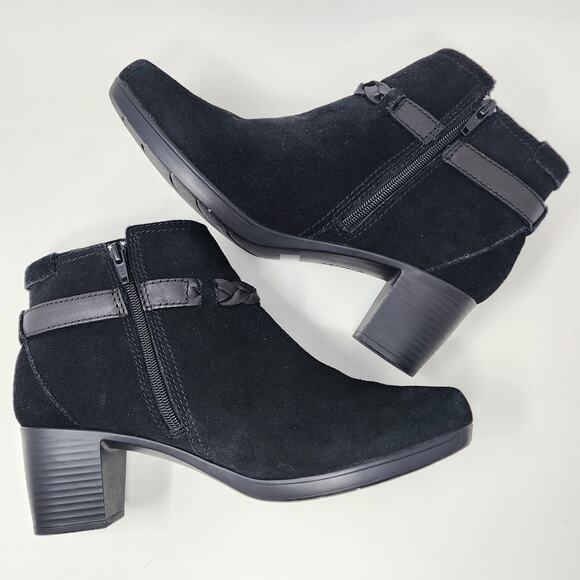 Clarks Booties Women 11 Wide Bendables Black Suede Stack Heel Braided Band 68728 - Picture 6 of 10